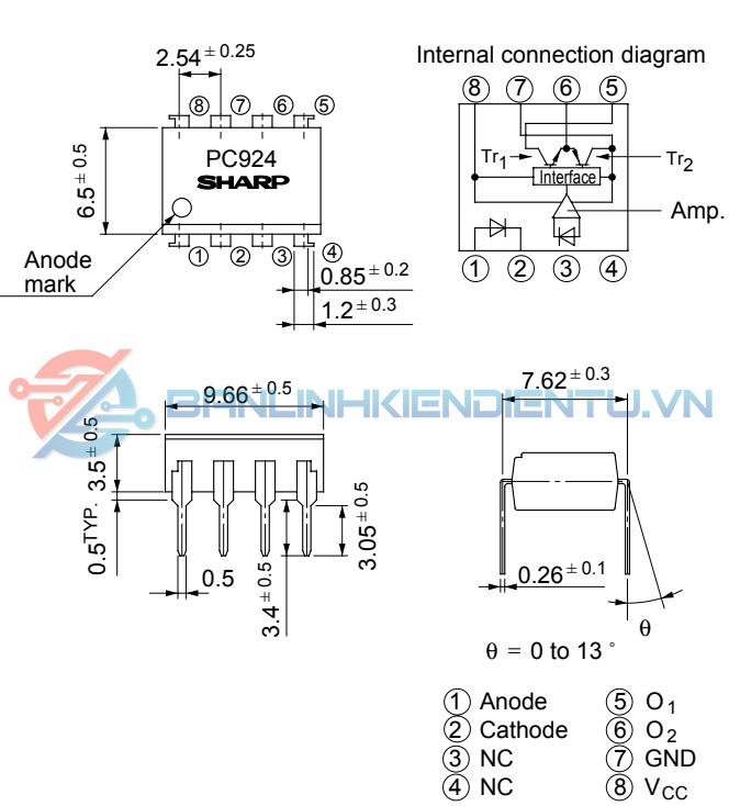 Sơ dồ chân và kích thước PC924L dip8
