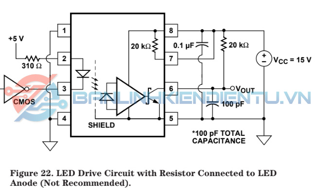 Mạch diều khiển LED có diện trở dược kết nối với cực dương LED