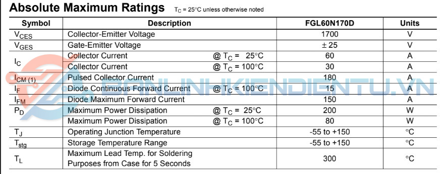 FGL60N170D, G60N170D IGBT 60A 1700V 7 Thong so ki thuat FGL60N170D
