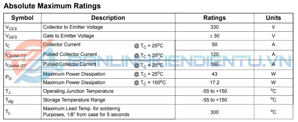 FGPF50N33BT, FGPF50N33, 50N33 IGBT 50A/330V TO-220 7 Thong so ki thuat FGPF50N33BT