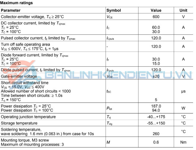 IGBT K30H603, IKW30N60H3 30A 600V TO-3P 9 Thong so ki thuat K30H603