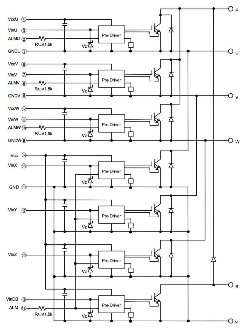7MBP100TEA060-50, 7MBP100TEA060 Module IGBT Fuji 100A 600V 11 Sơ đồ cấu tạo bên trong modul IGBT 7MBP100TEA060-52