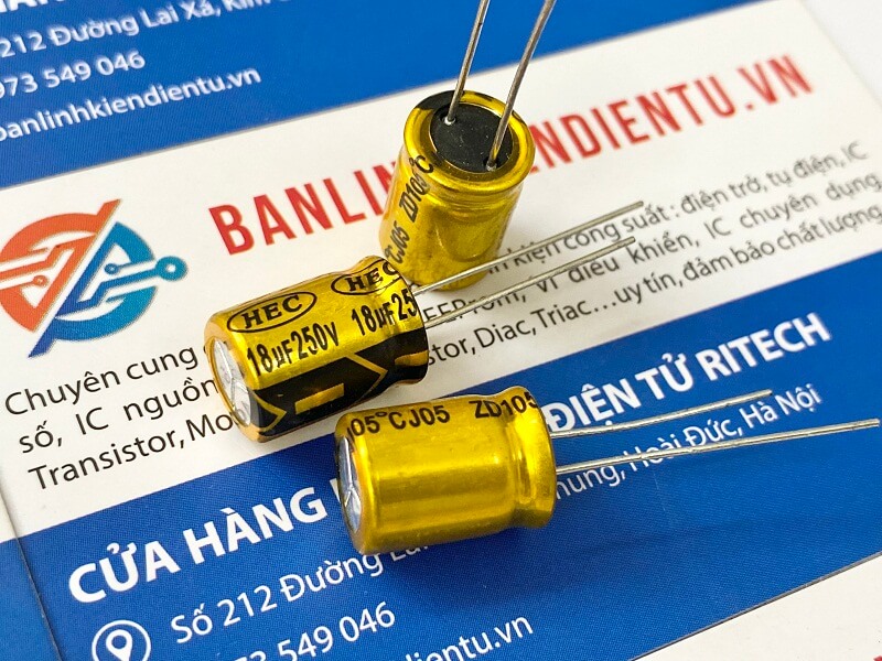 Tụ hoá HEC 18uF 250V 105 độ 10x14mm 2 HEC 18uF 250V