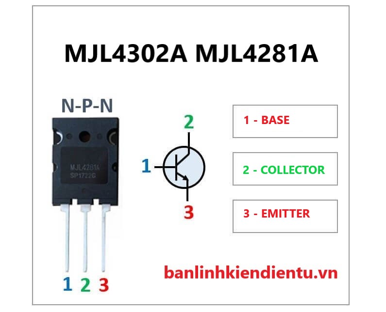 Cặp sò MJL4302 MJL4281 15A 350V 230W TO−264 hàng tháo máy Zin 2 Sơ đồ chân MJL4281 MJL4302